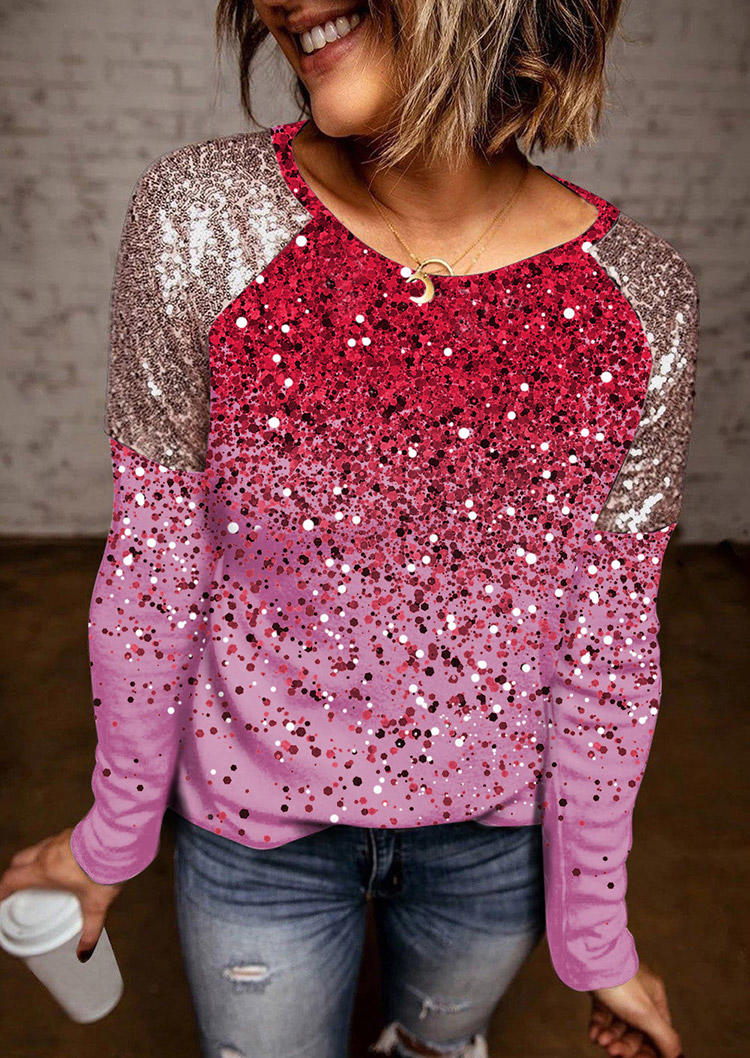 Blouses Gradient Glitter O-Neck Casual Blouse in Pink. Size: L,S
