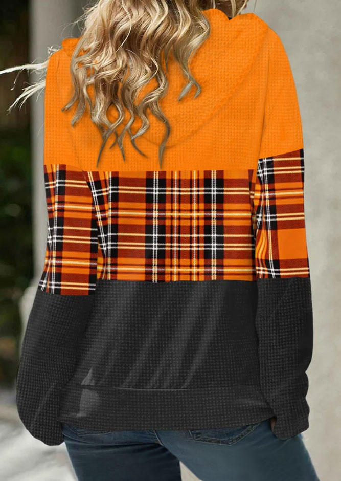 

Hoodies Color Block Plaid Zipper Long Sleeve Hoodie in Orange. Size: L,M,,XL