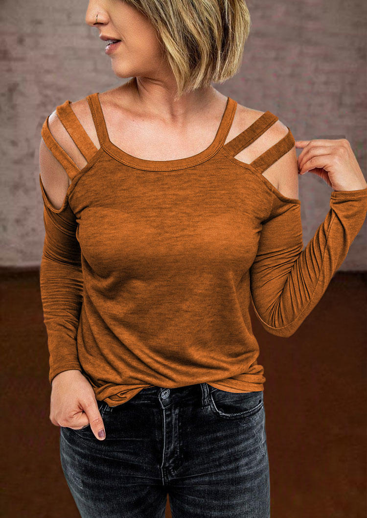 Hollow Out Long Sleeve O-Neck Blouse - Brown