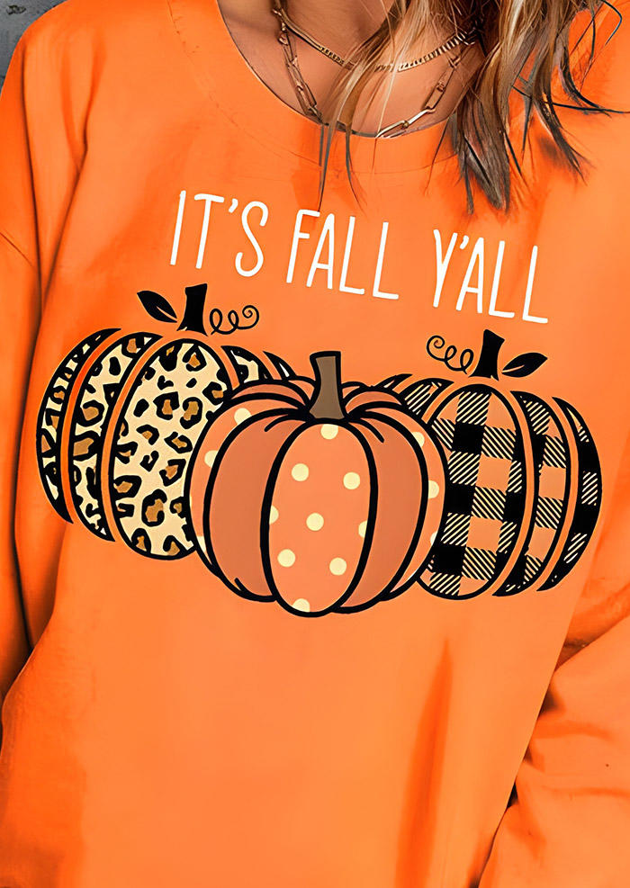 Sweatshirts It's Fall Y'all Leopard Plaid Dot Pumpkin Sweatshirt in Orange. Size: L,M,S