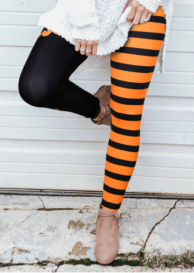 Leggings Halloween Pumpkin Face Striped Elastic Waist Leggings in Orange. Size: M,S,XL