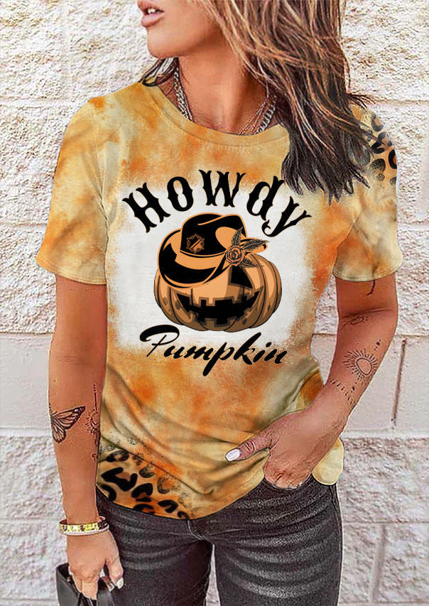 Halloween Howdy Pumpkin Face Bleached T-Shirt Tee - Orange