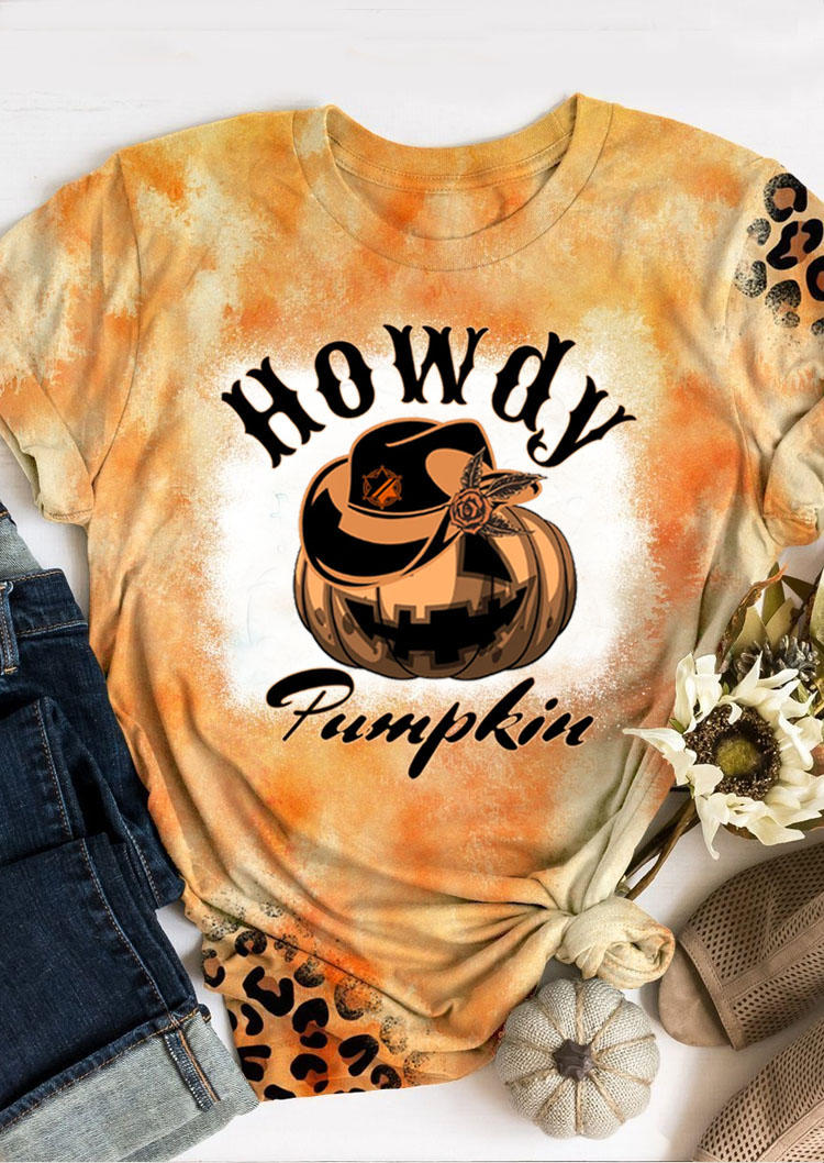 T-shirts Tees Halloween Howdy Pumpkin Face Bleached T-Shirt Tee in Orange. Size: L,M,XL