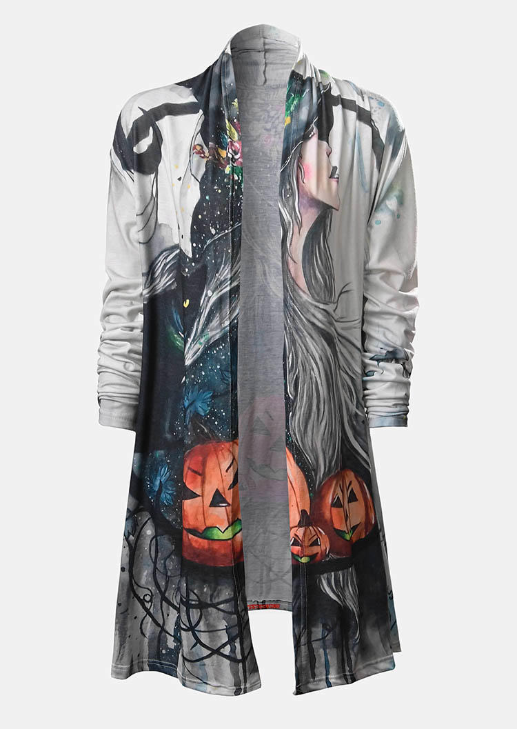 

Cardigans Halloween Pumpkin Face Pocket Long Sleeve Cardigan in Multicolor. Size