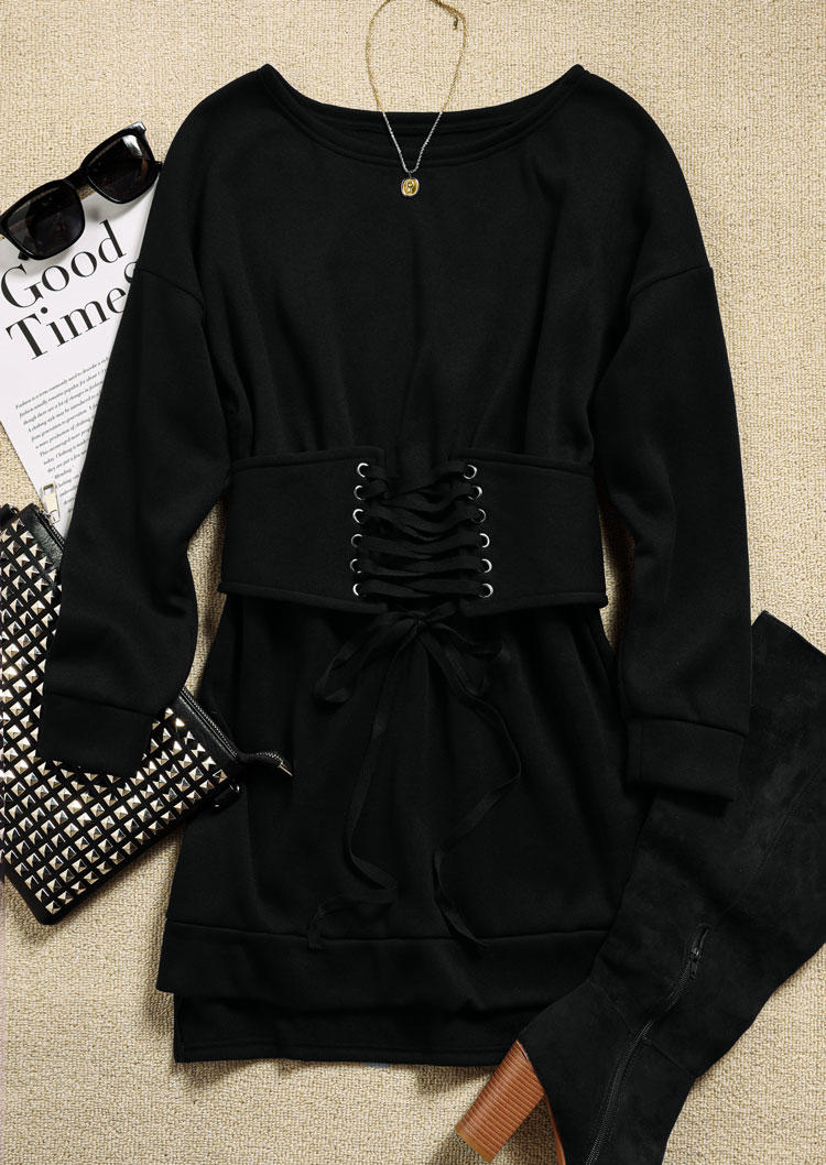 Criss-Cross Long Sleeve Sweatshirt Mini Dress With Belt - Black