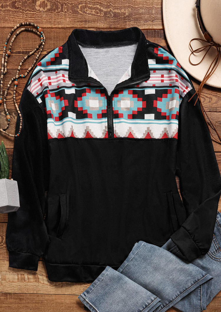 

Sweatshirts Aztec Geometric Zipper Collar Pullover Sweatshirt in Black. Size