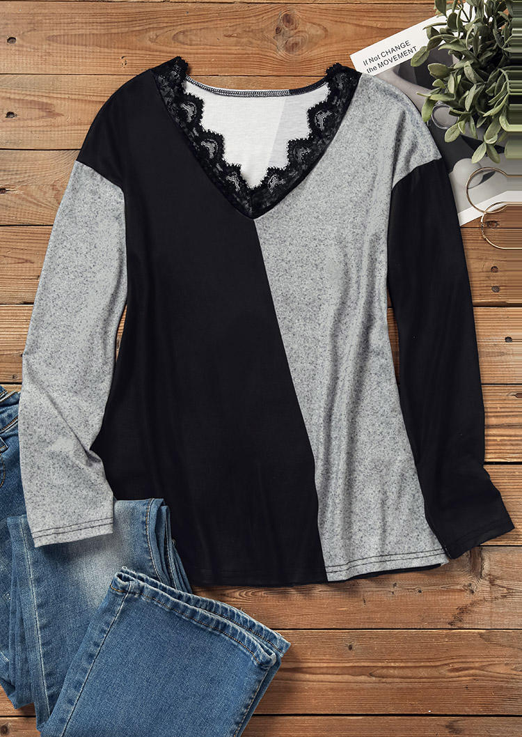 Lace Splicing Color Block Long Sleeve Blouse - Black