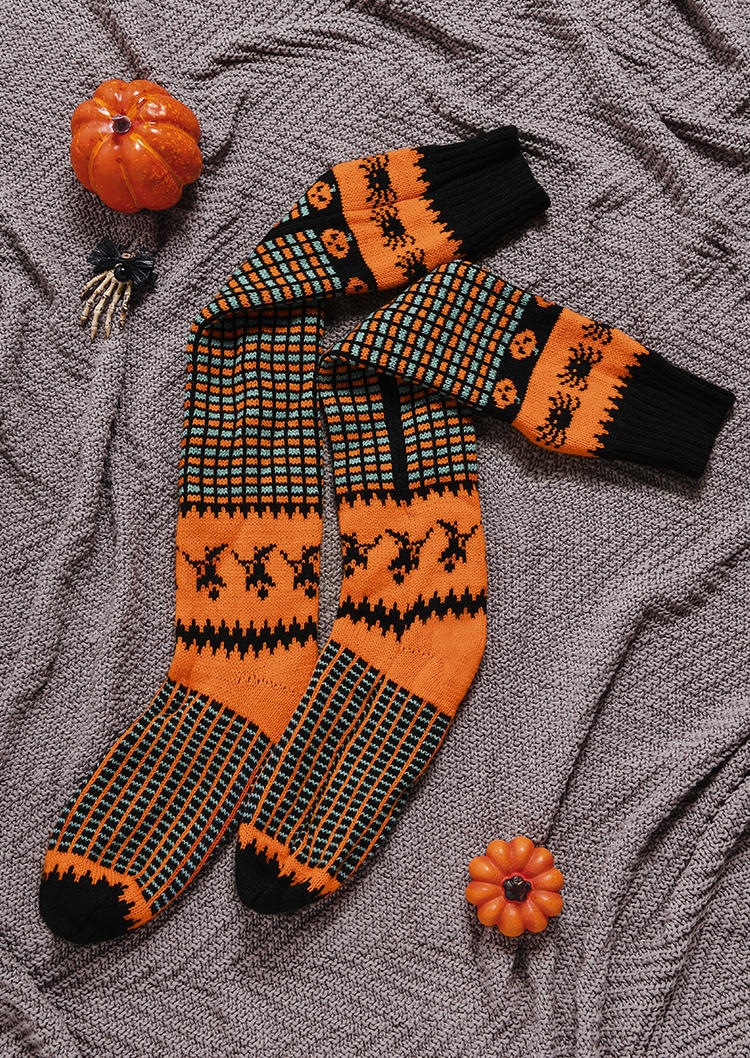 

Knee-High Socks Halloween Pumpkin Face Over Knee Extra Long Knitted Socks in Orange. Size