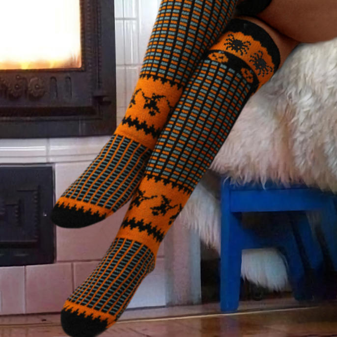 Halloween Pumpkin Face Over Knee Extra Long Knitted Socks - Orange