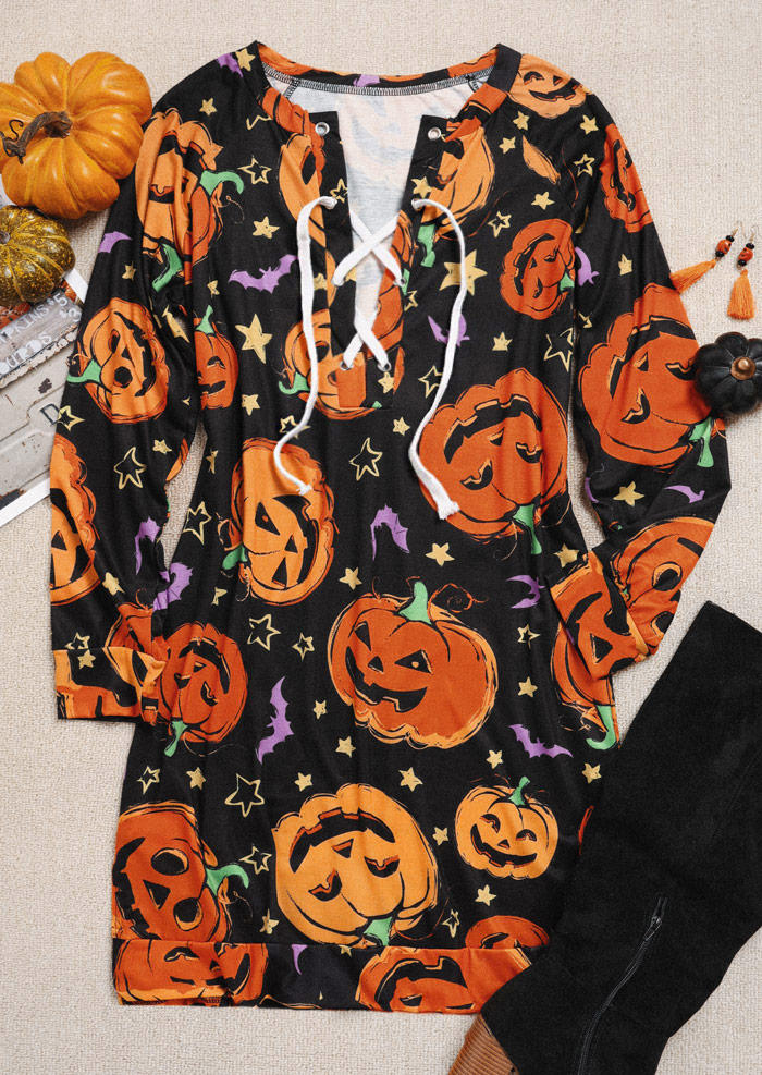 Mini Dresses Halloween Pumpkin Face Lace Up Sweatshirt Mini Dress in Multicolor. Size: L,M,S