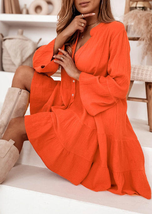 Mini Dresses Ruffled Button Long Sleeve Mini Dress in Orange. Size: L,M,S,XL