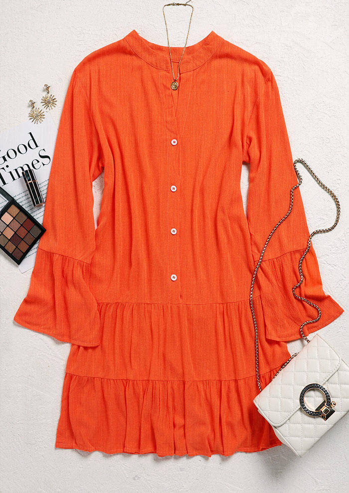Ruffled Button Long Sleeve Mini Dress - Orange
