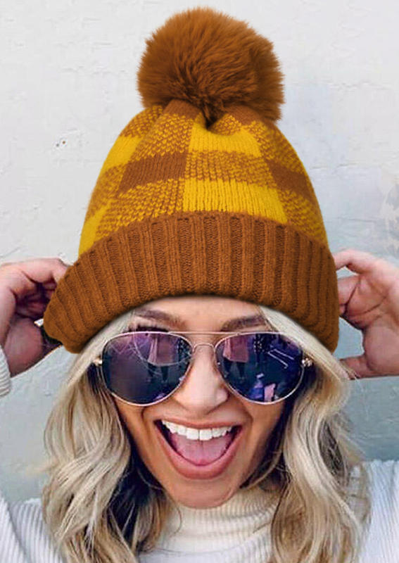 

Hats Plaid Winter Warm Hairball Hat in Yellow. Size