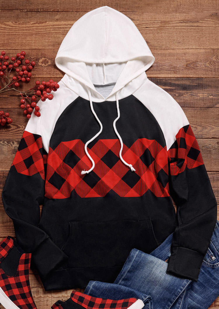 

Hoodies Buffalo Plaid Color Block Kangaroo Pocket Hoodie in Multicolor. Size