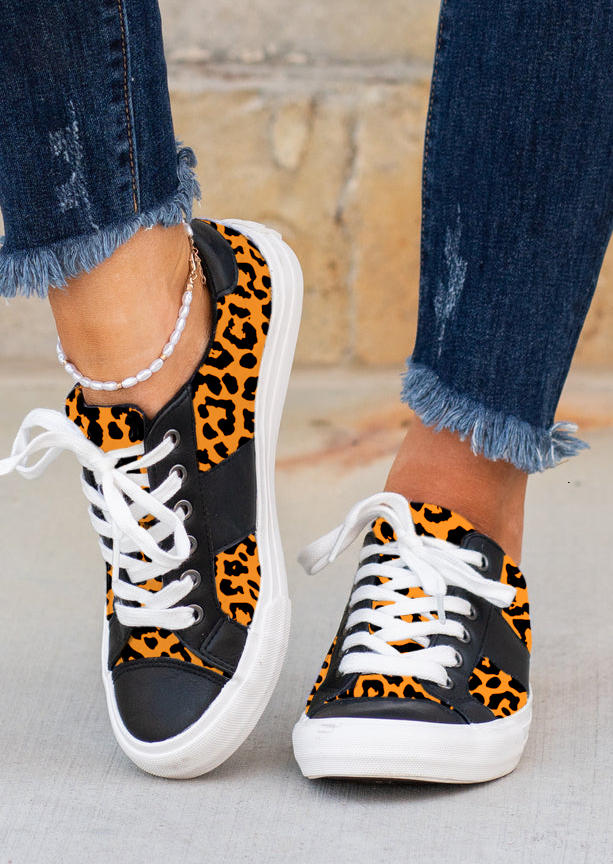 Sneakers Leopard Lace Up Flat Sneakers in Orange. Size: 37,38,39,40,41