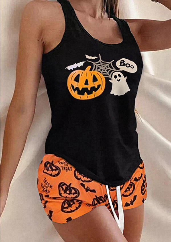 Sleepwear Halloween Ghost Bat Tank And Pumpkin Face Shorts Pajamas Set in Orange. Size: L,M,S,XL
