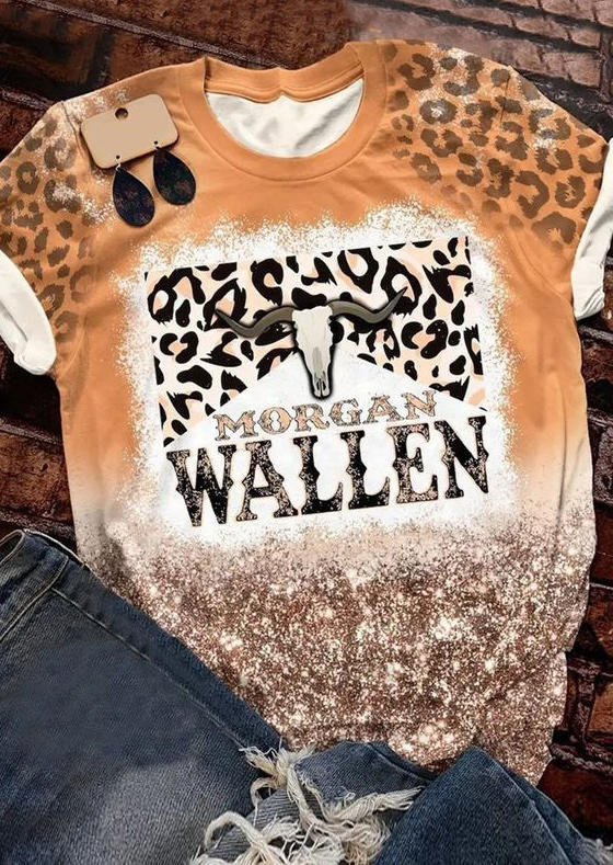 Glitter Steer Skull Leopard Bleached T-Shirt Tee, SCM005977, Fairyseason, Multicolor  - buy with discount
