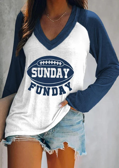T-shirts Tees Sunday Funday Football V-Neck T-Shirt Tee in Blue. Size: M,S