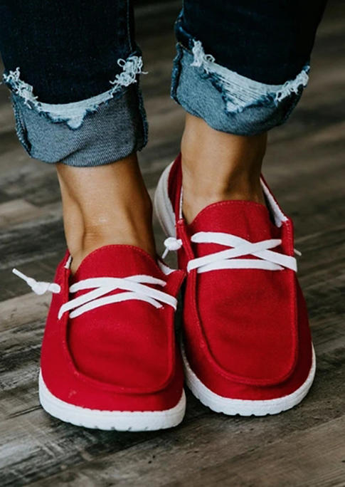 Sneakers Lace Up Slip On Flat Round Toe Sneakers in Red. Size: 37,38,39,40,41