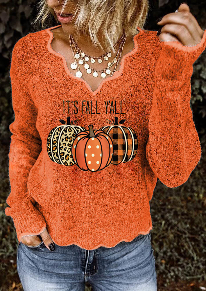 

Sweaters It's Fall Y'all Leopard Plaid Dot Pumpkin Sweater in Orange. Size