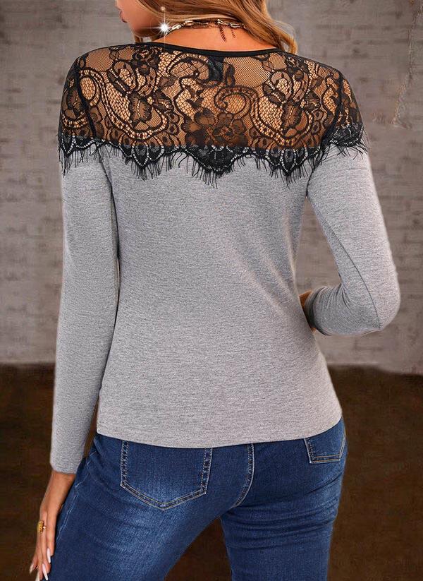 Lace Splicing Long Sleeve Blouse - Gray