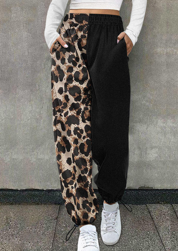 Pants Leopard Color Block Warm Pocket Sweatpants in Black. Size: L,M,S,XL