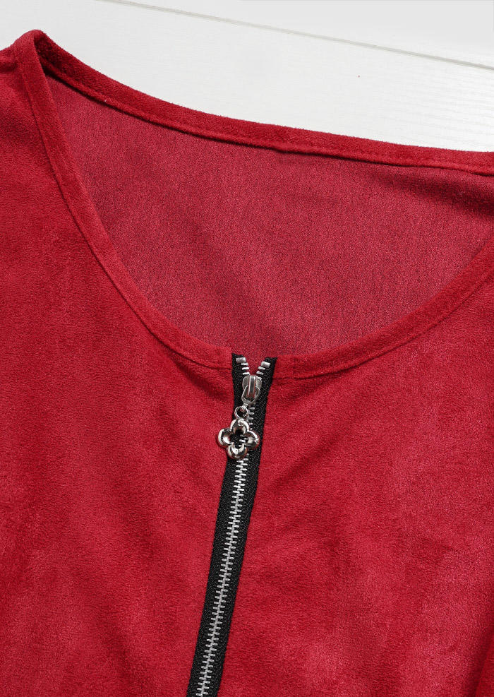 Zipper Ruffled Three Quarter Sleeve Mini Dress - Red