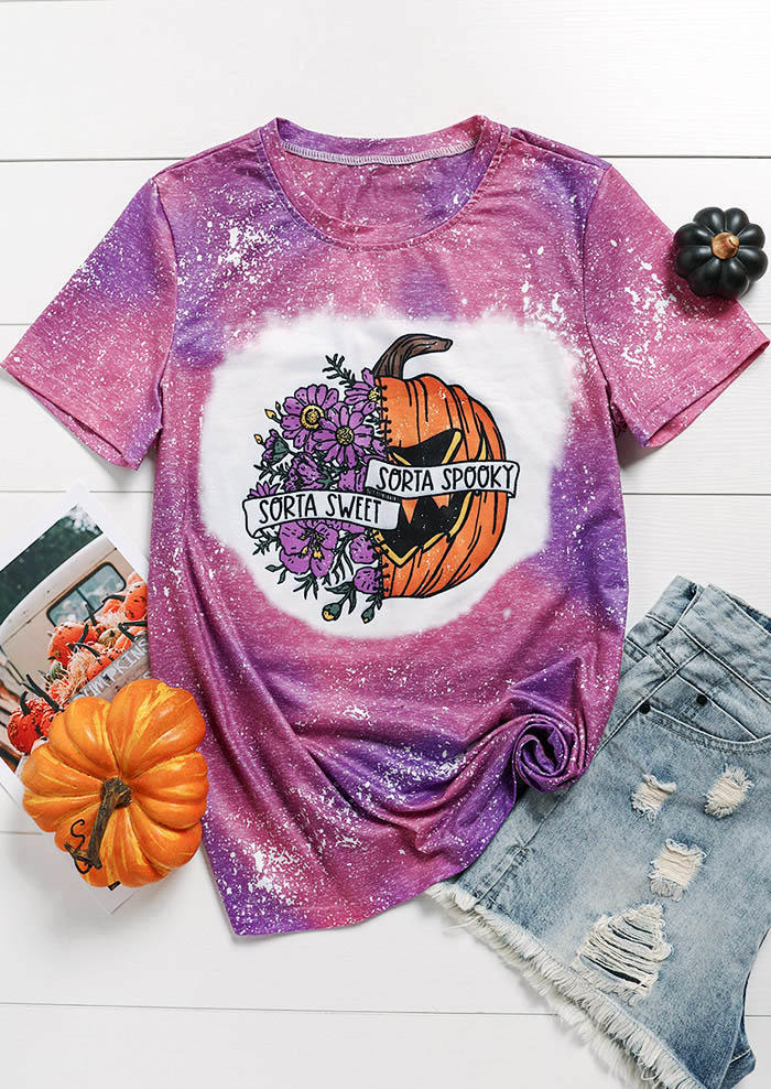 Halloween Sorta Sweet Sorta Spooky Pumpkin Face Bleached T-Shirt Tee - Purple