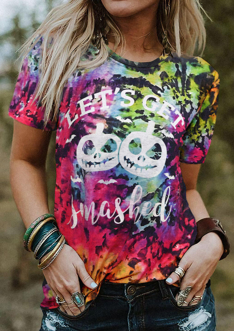 T-shirts Tees Halloween Let's Get Smashed Pumpkin Face Tie Dye T-Shirt Tee in Multicolor. Size: L,M,S