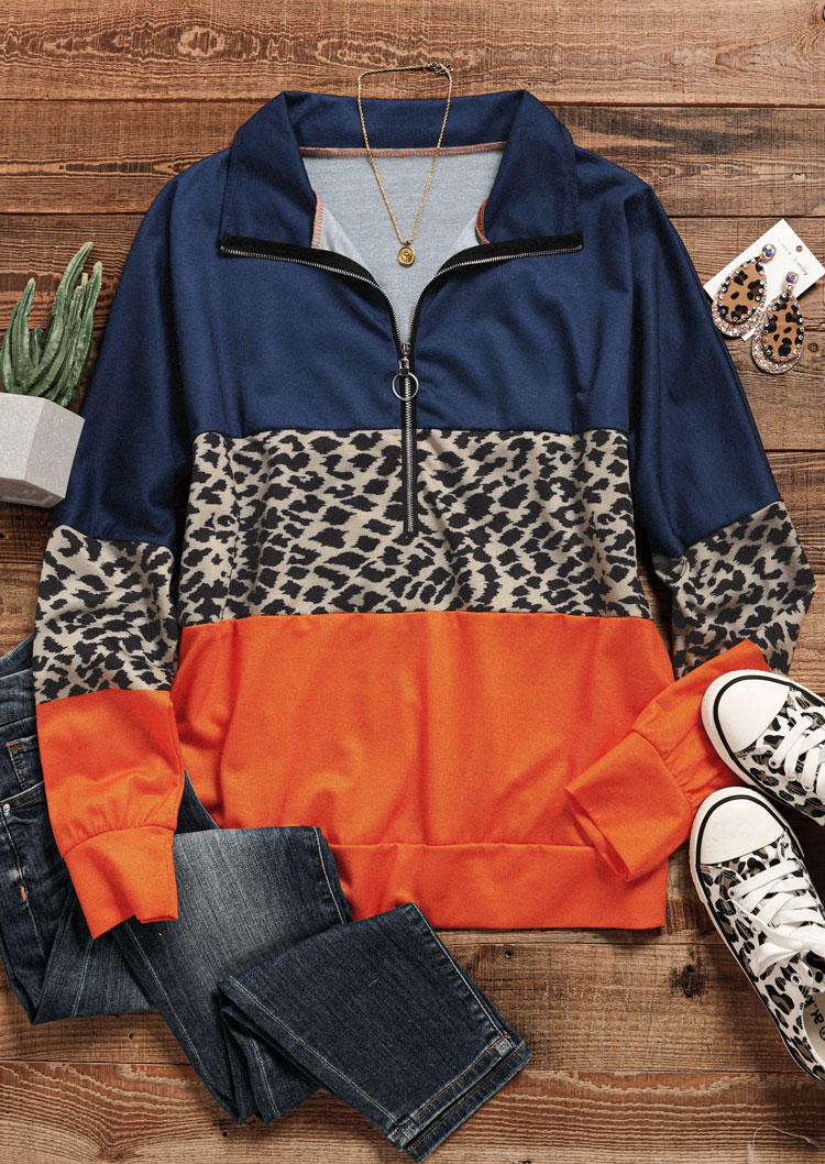 Leopard Color Block Zipper Turn-Down Collar Sweatshirt