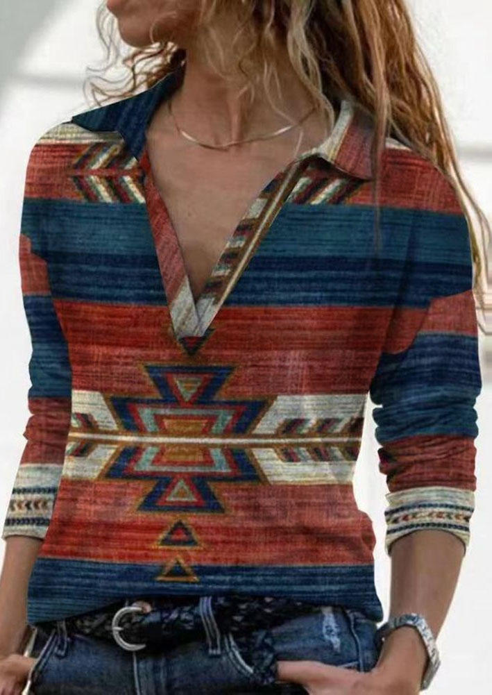 Blouses Aztec Geometric Turn-down Collar Blouse in Multicolor. Size: L,M,S,XL