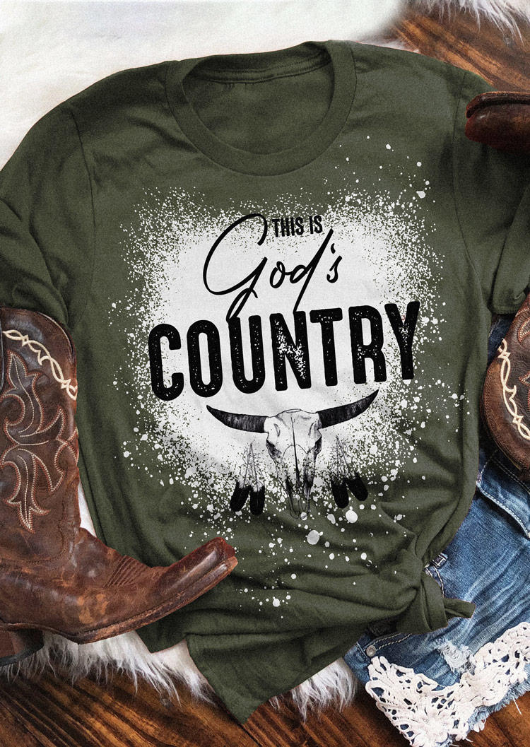 T-shirts Tees This is God's Country Steer Skull Bleached T-Shirt Tee in Green. Size: XL