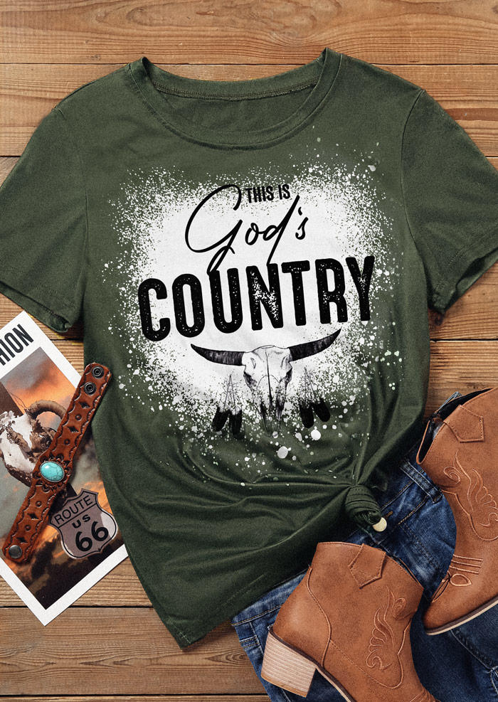 This is God's Country Steer Skull Bleached T-Shirt Tee - Green