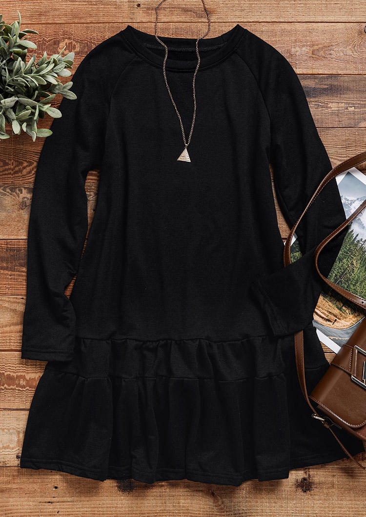 Mini Dresses Ruffled Long Sleeve O-Neck Mini Dress in Black. Size: M,S,XL