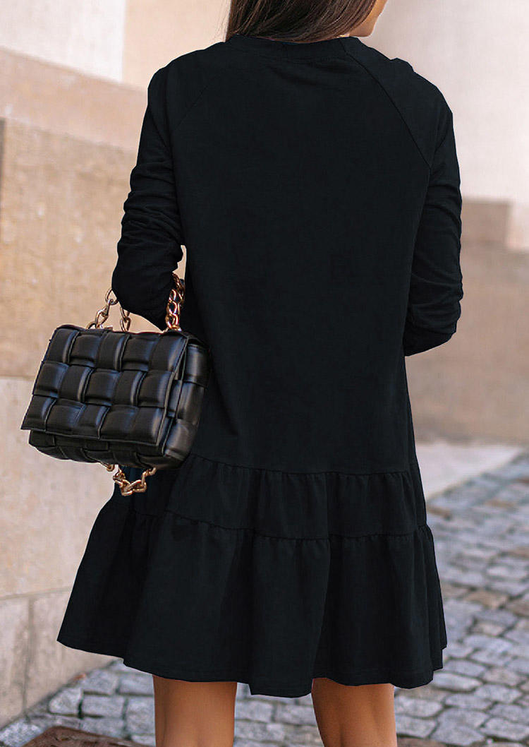 Ruffled Long Sleeve O-Neck Mini Dress - Black