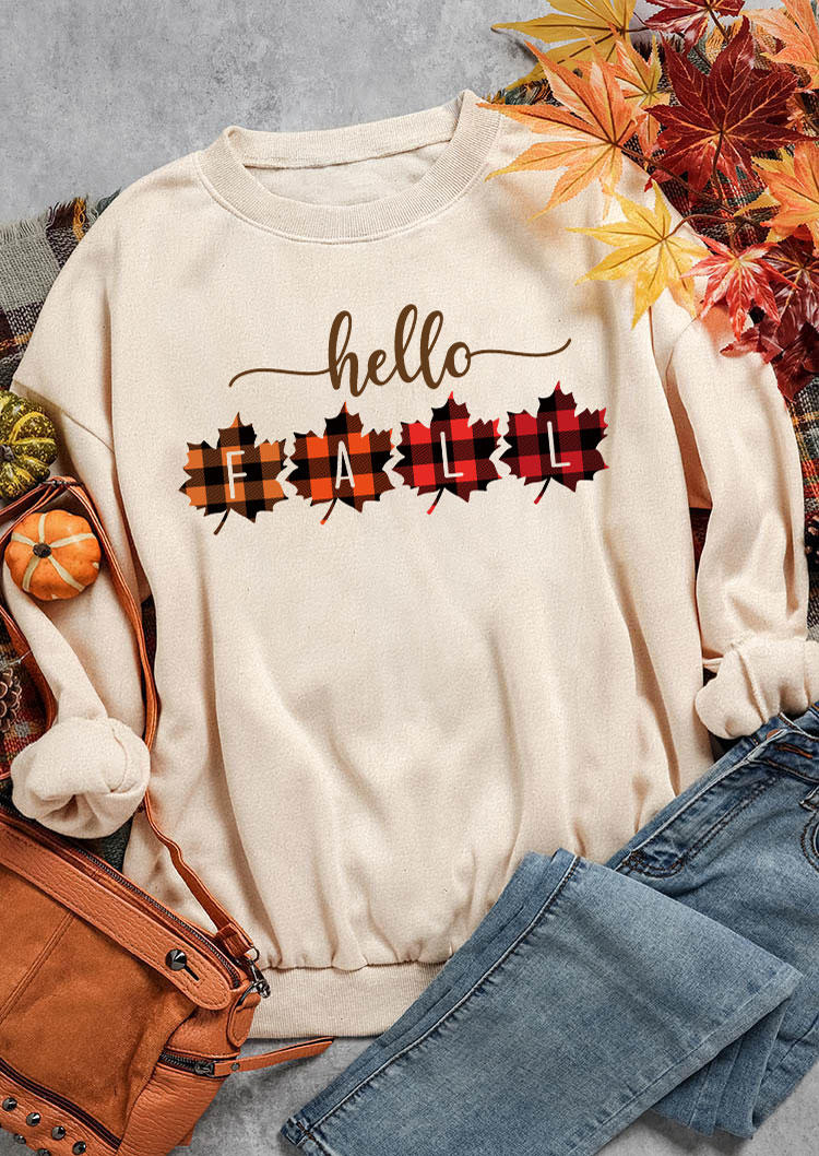 Sweatshirts Hello Fall Plaid Maple Leaf Pullover Sweatshirt in Apricot. Size: L,S