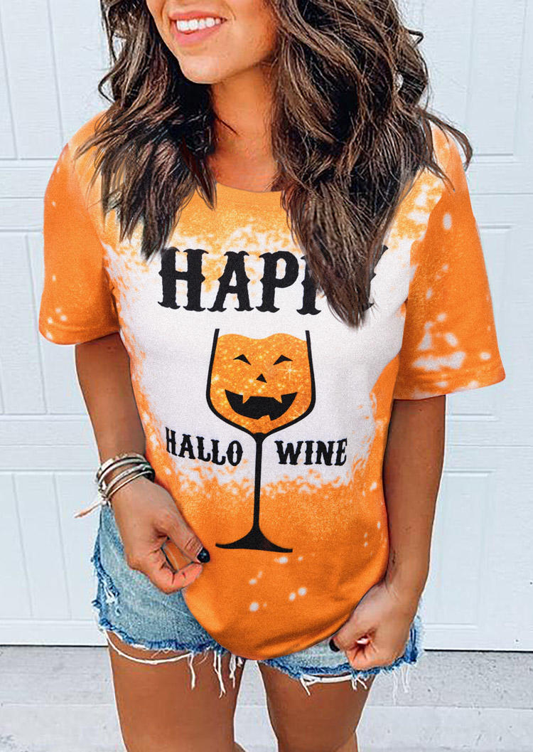 T-shirts Tees Halloween Happy Hallo Wine Pumpkin Face Bleached T-Shirt Tee in Orange. Size: L,S,XL