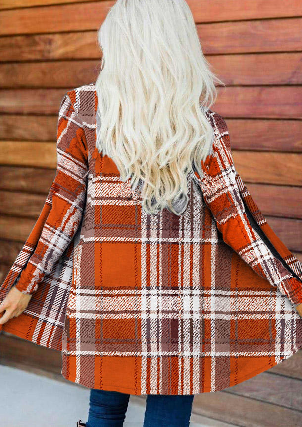 Cardigans Plaid Long Sleeve Open Front Cardigan in Orange. Size: L,M