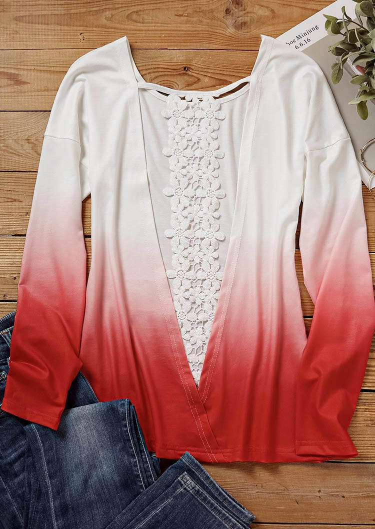 Blouses Gradient Lace Splicing Open Back Blouse in Red. Size: S,XL