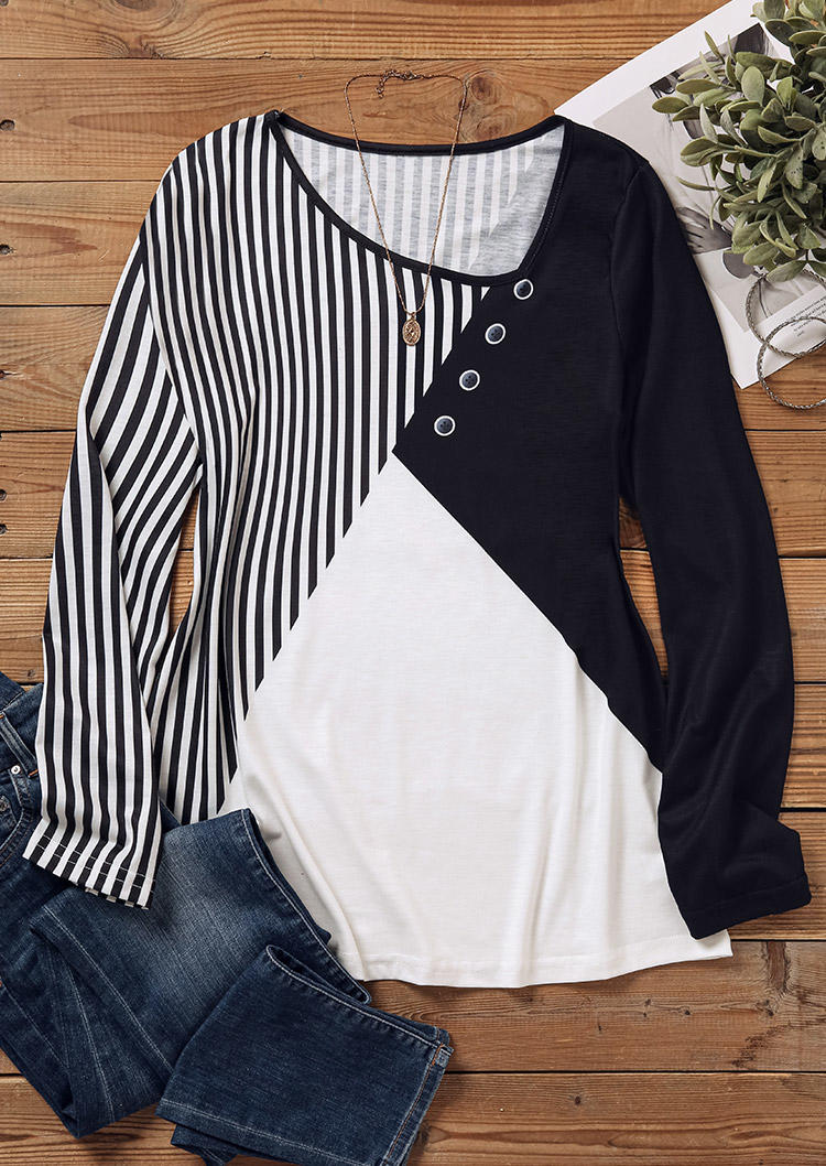 Blouses Striped Color Block Long Sleeve Blouse in Multicolor. Size: M,XL