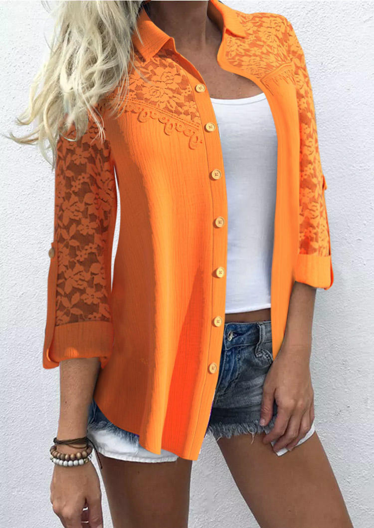 

Shirts Lace Splicing Button Tab-Sleeve Turn-Down Collar Shirt in Orange. Size: L,M,,XL