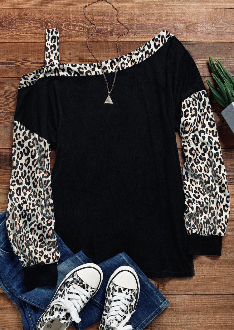 

Blouses Leopard Cold Shoulder Blouse in Black. Size: ,XL