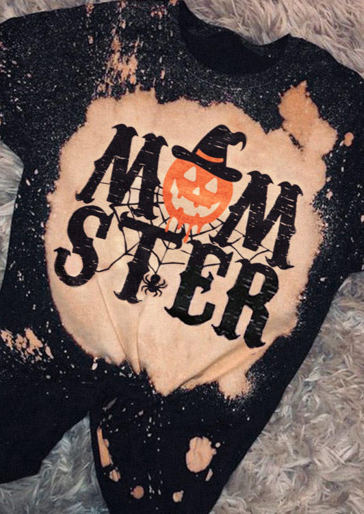 T-shirts Tees Halloween Momster Pumpkin Face Bleached T-Shirt Tee in Black. Size: 3XL,L,M,S,XL
