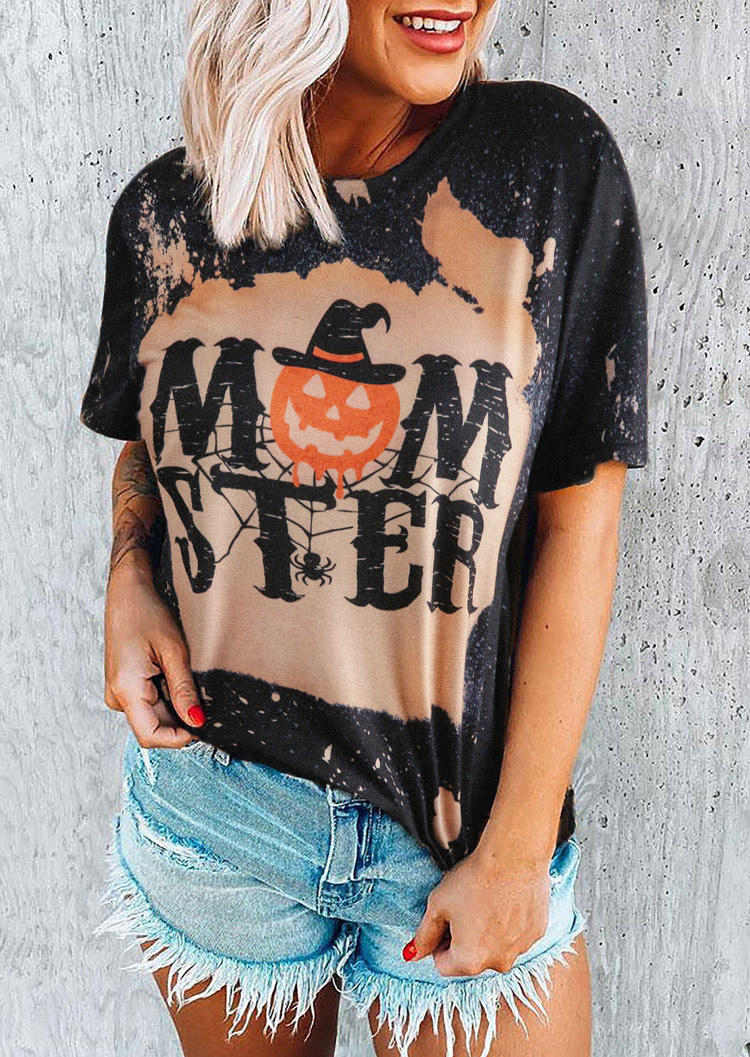 Halloween Momster Pumpkin Face Bleached T-Shirt Tee - Black