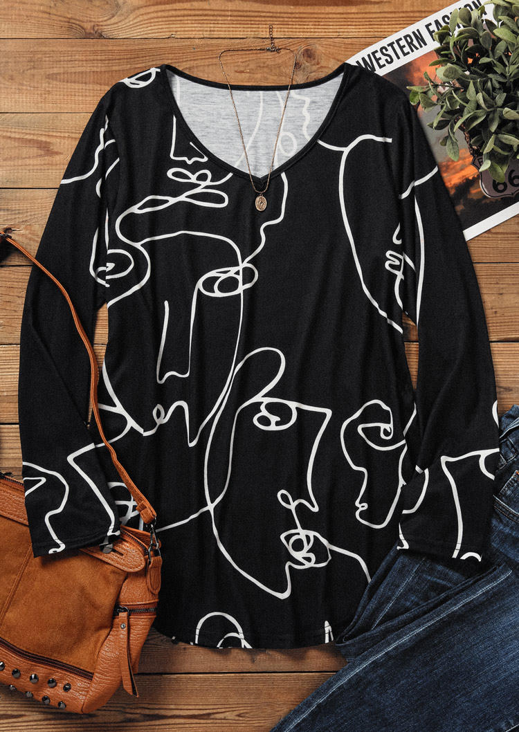 Blouses Abstract Face Long Sleeve V-Neck Blouse in Black. Size: L