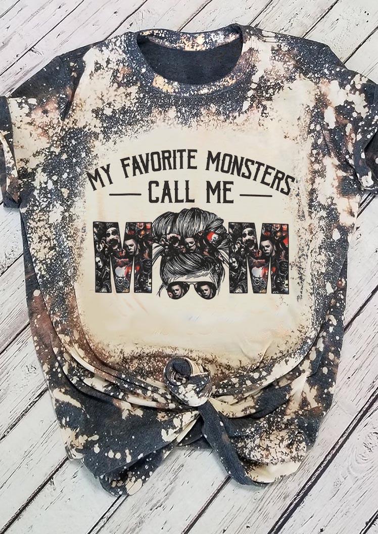 T-shirts Tees Halloween My Favorite Monsters Call Me Mom Bleached T-Shirt Tee in Multicolor. Size: 3XL,L,XL