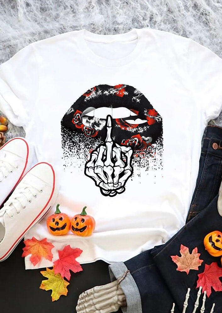 

T-shirts Tees Halloween Lips Skeleton Hand Floral T-Shirt Tee in White. Size