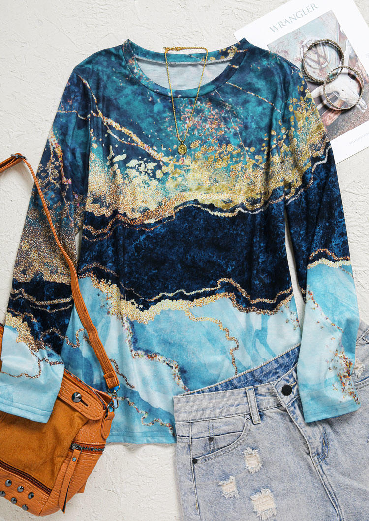Ink Painting Long Sleeve Blouse - Blue