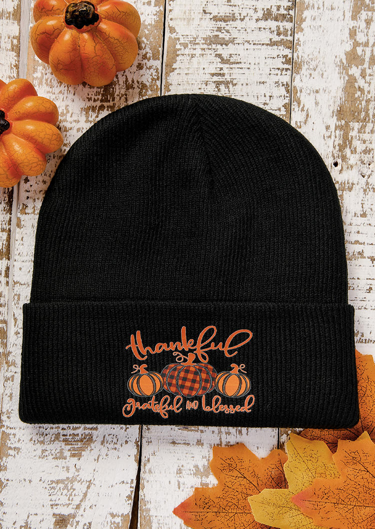 Hats Thankful Grateful And Blessed Pumpkin Plaid Beanie Hat in Black. Size: One Size