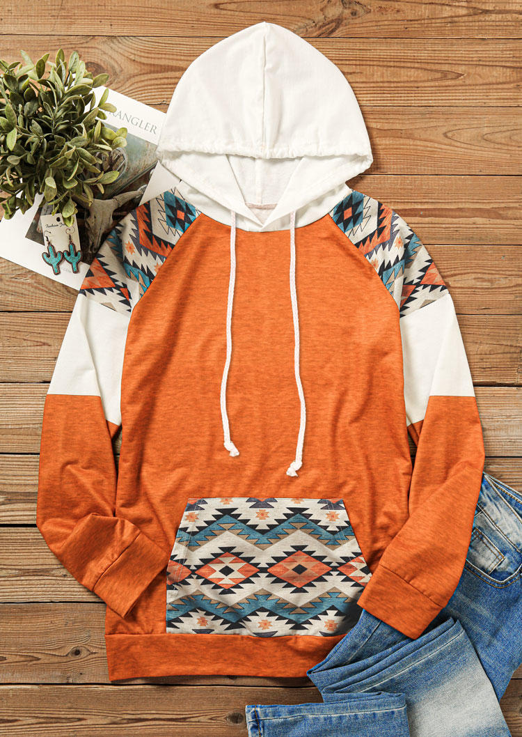 

Hoodies Aztec Geometric Drawstring Kangaroo Pocket Hoodie in Orange. Size